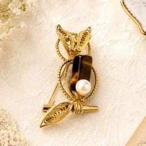 Vintage Genuine Pearl Tigers Eye Filigree Owl Brooch